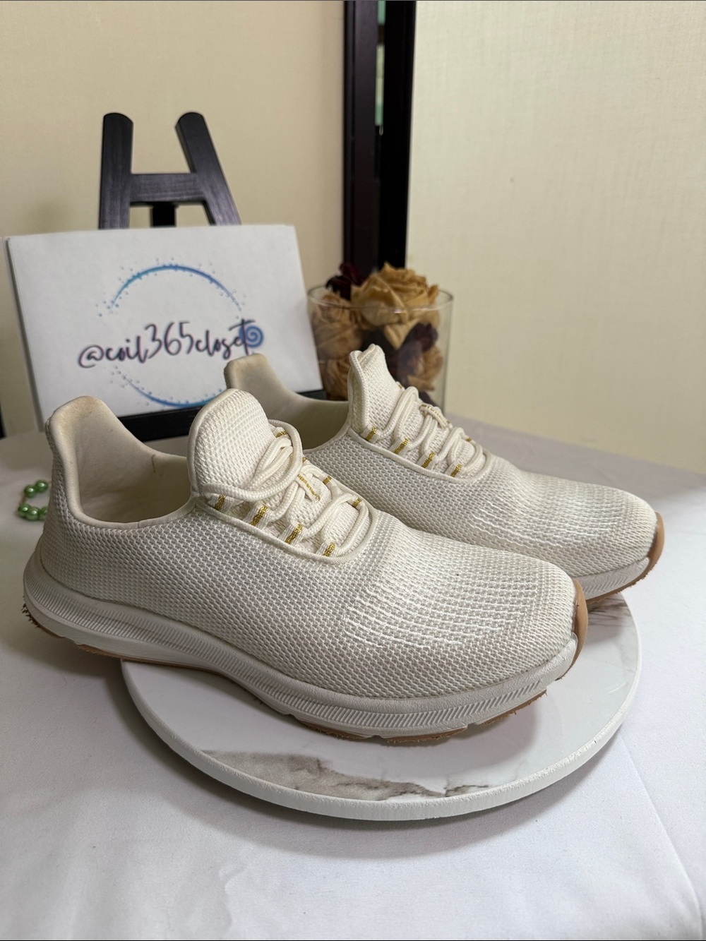 Athletics Off-White Knit Tie Up Slip-On Sneakers with Gold Accents